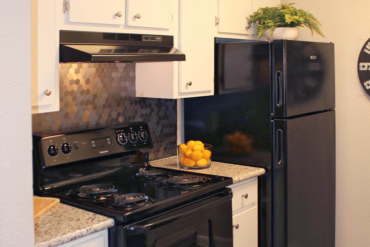 Black appliances and stainless backs plashes